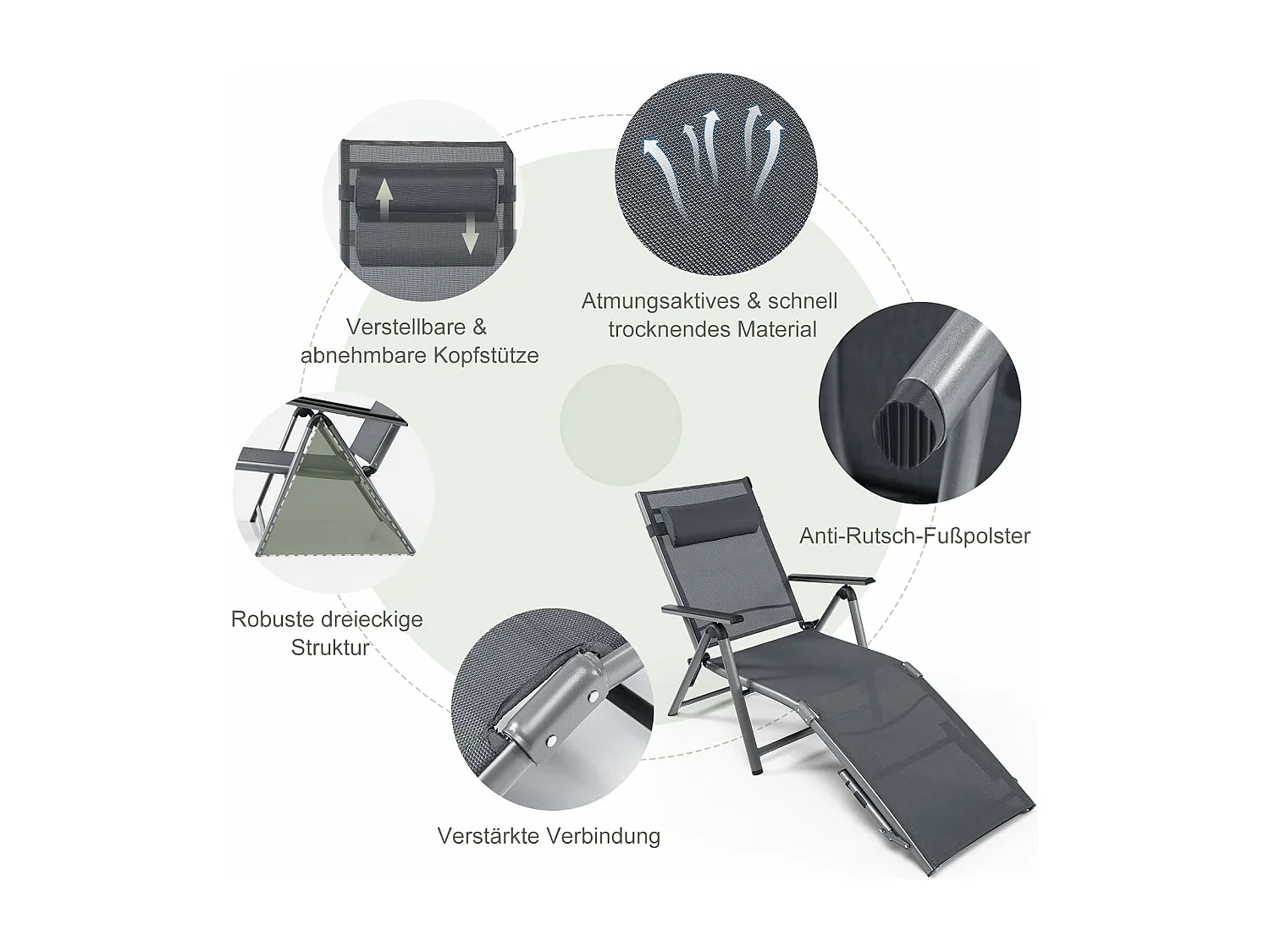 Inklapbare ligstoel, aluminium ligstoel met 8-traps rugleuning verstelbaar, hoofdkussen en verstelbare voeteneinde, outdoor ligstoel met sneldrogende stof