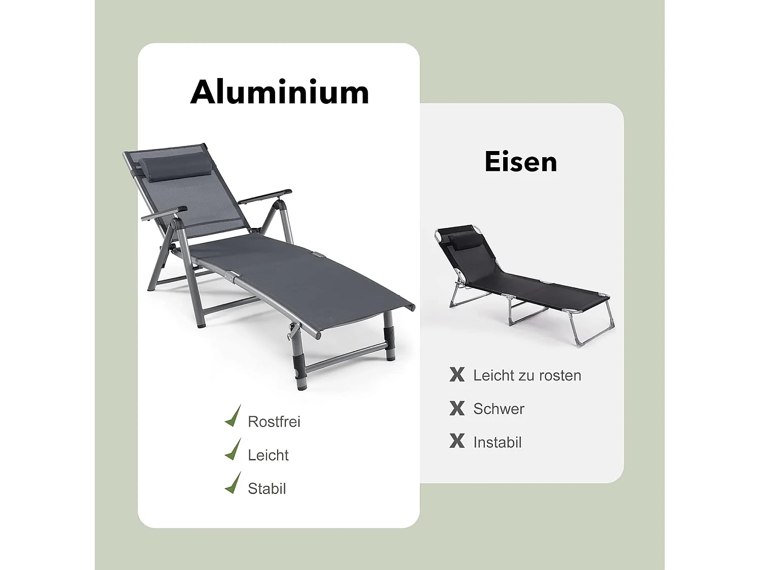 Inklapbare ligstoel, aluminium ligstoel met 8-traps rugleuning verstelbaar, hoofdkussen en verstelbare voeteneinde, outdoor ligstoel met sneldrogende stof