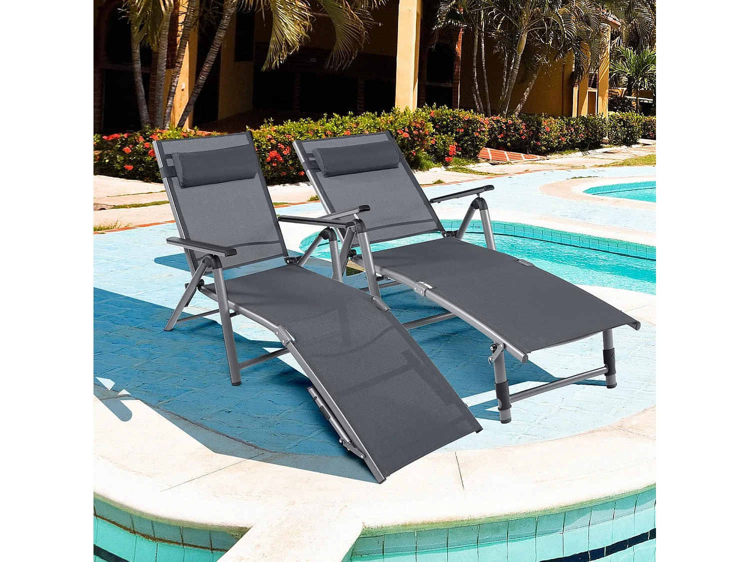 Inklapbare ligstoel, aluminium ligstoel met 8-traps rugleuning verstelbaar, hoofdkussen en verstelbare voeteneinde, outdoor ligstoel met sneldrogende stof