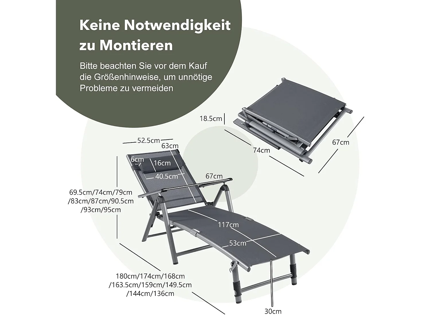 Inklapbare ligstoel, aluminium ligstoel met 8-traps rugleuning verstelbaar, hoofdkussen en verstelbare voeteneinde, outdoor ligstoel met sneldrogende stof