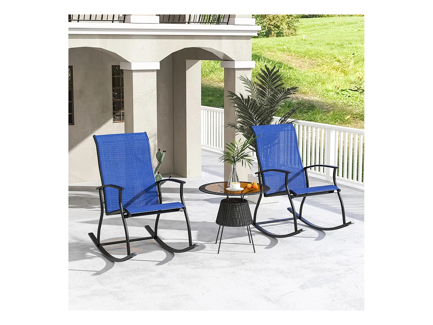 Set van 2 schommelstoelen, schommelstoelen met hoge rugleuning en ademende zitstof, tuinstoelen voor tuin, veranda, zwembad, blauw ZB33510