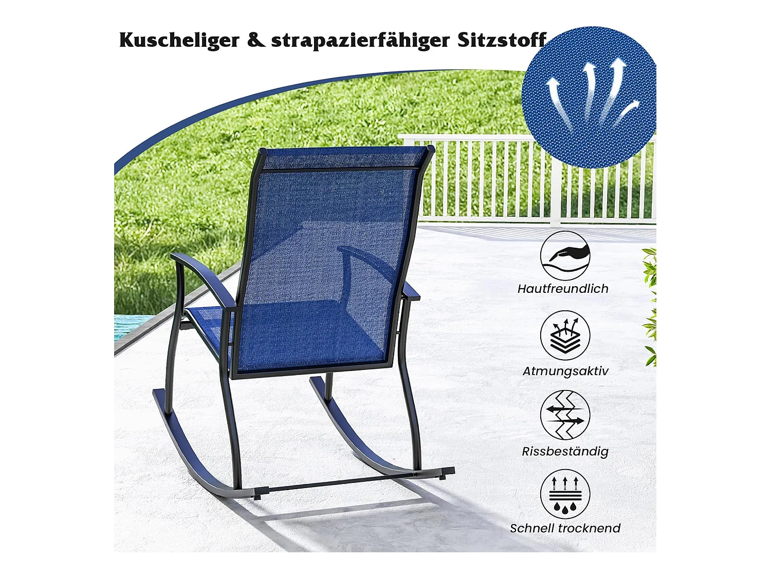 Set van 2 schommelstoelen, schommelstoelen met hoge rugleuning en ademende zitstof, tuinstoelen voor tuin, veranda, zwembad, blauw ZB33510