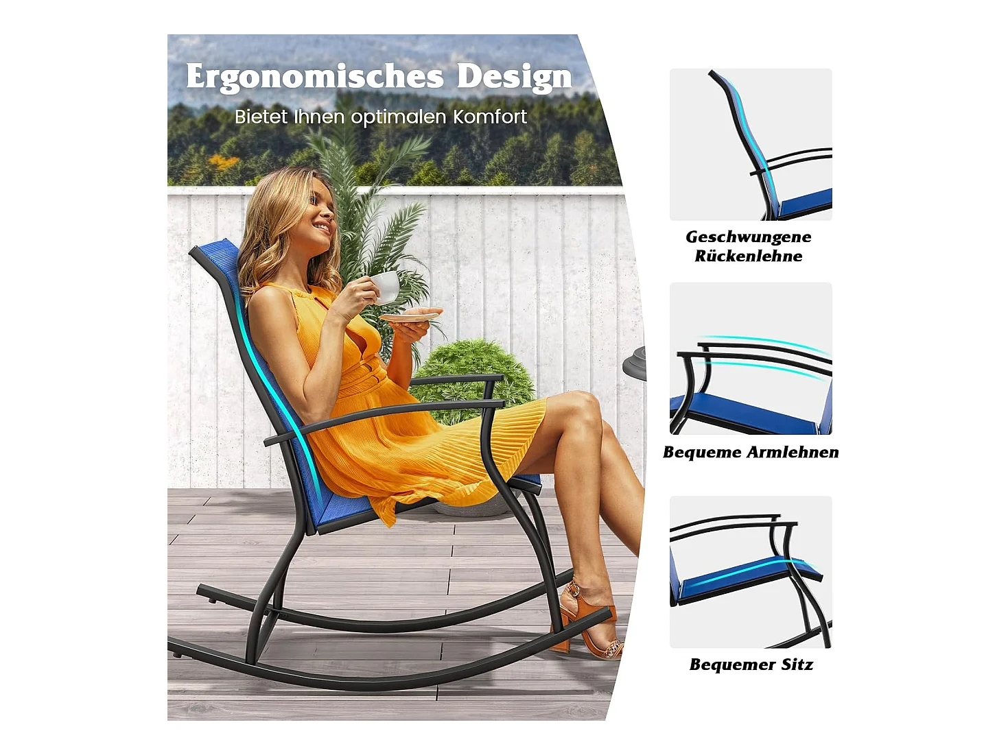 Set van 2 schommelstoelen, schommelstoelen met hoge rugleuning en ademende zitstof, tuinstoelen voor tuin, veranda, zwembad, blauw ZB33510