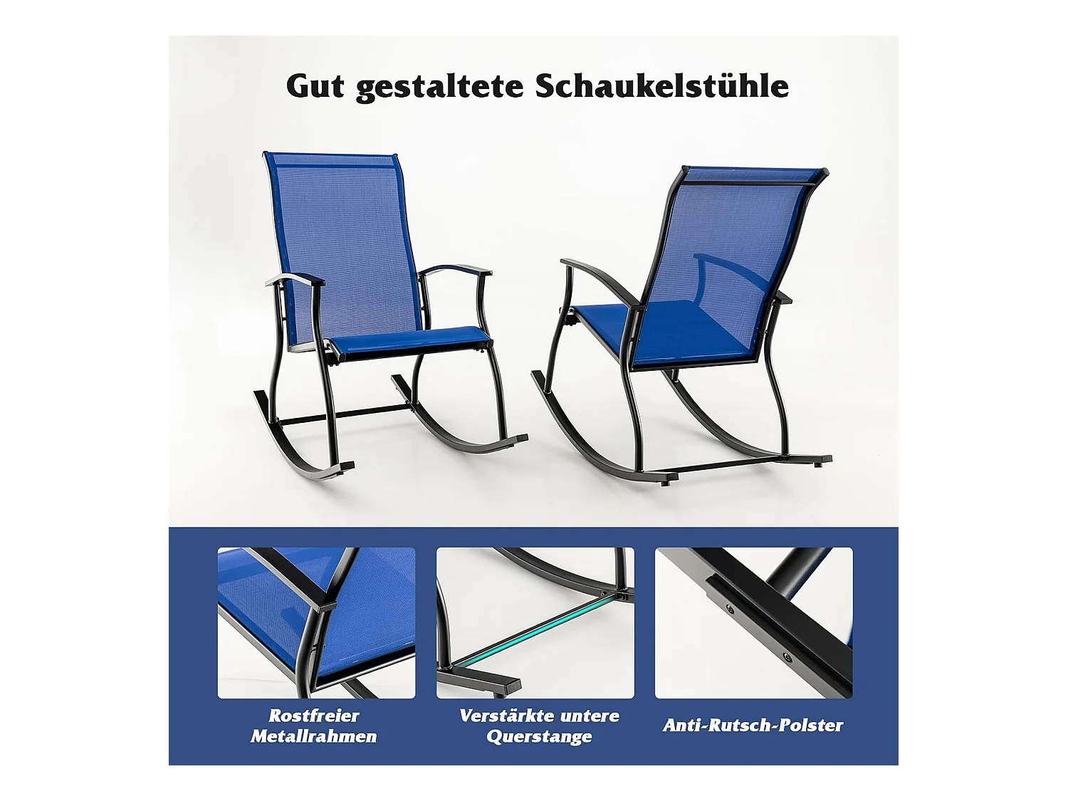 Set van 2 schommelstoelen, schommelstoelen met hoge rugleuning en ademende zitstof, tuinstoelen voor tuin, veranda, zwembad, blauw ZB33510