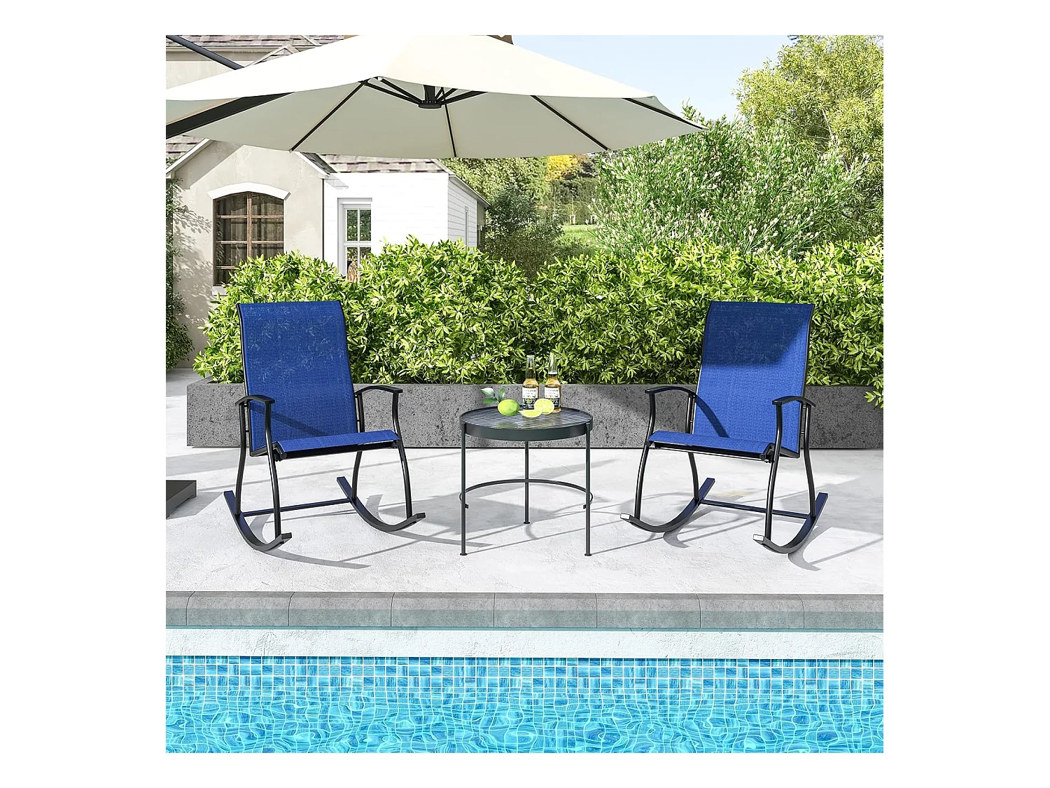 Set van 2 schommelstoelen, schommelstoelen met hoge rugleuning en ademende zitstof, tuinstoelen voor tuin, veranda, zwembad, blauw ZB33510