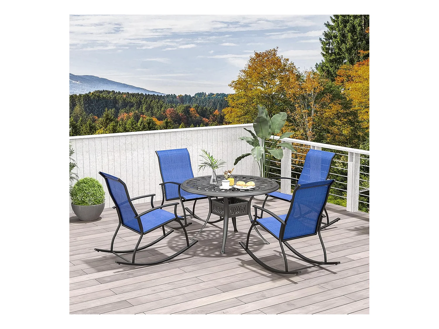 Set van 2 schommelstoelen, schommelstoelen met hoge rugleuning en ademende zitstof, tuinstoelen voor tuin, veranda, zwembad, blauw ZB33510