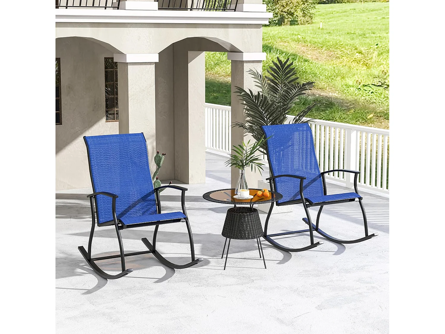 Set van 2 schommelstoelen, schommelstoelen met hoge rugleuning en ademende zitstof, tuinstoelen voor tuin, veranda, zwembad, blauw ZB33510