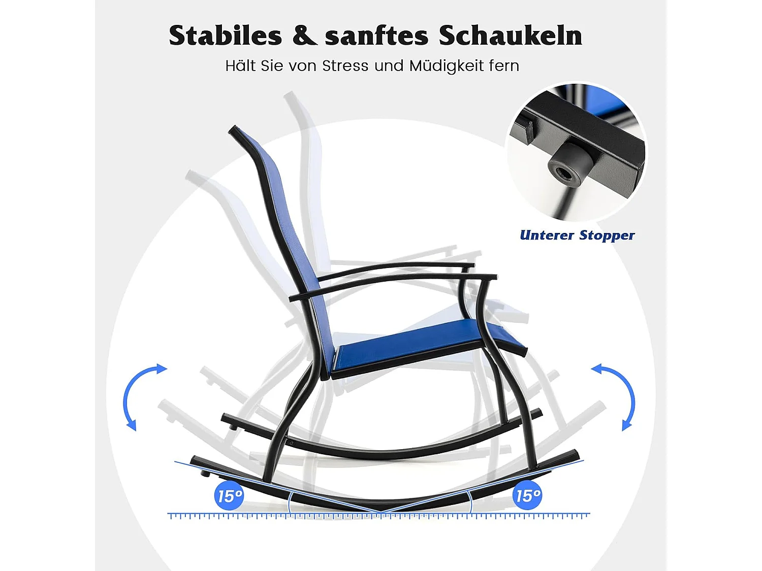 Set van 2 schommelstoelen, schommelstoelen met hoge rugleuning en ademende zitstof, tuinstoelen voor tuin, veranda, zwembad, blauw ZB33510