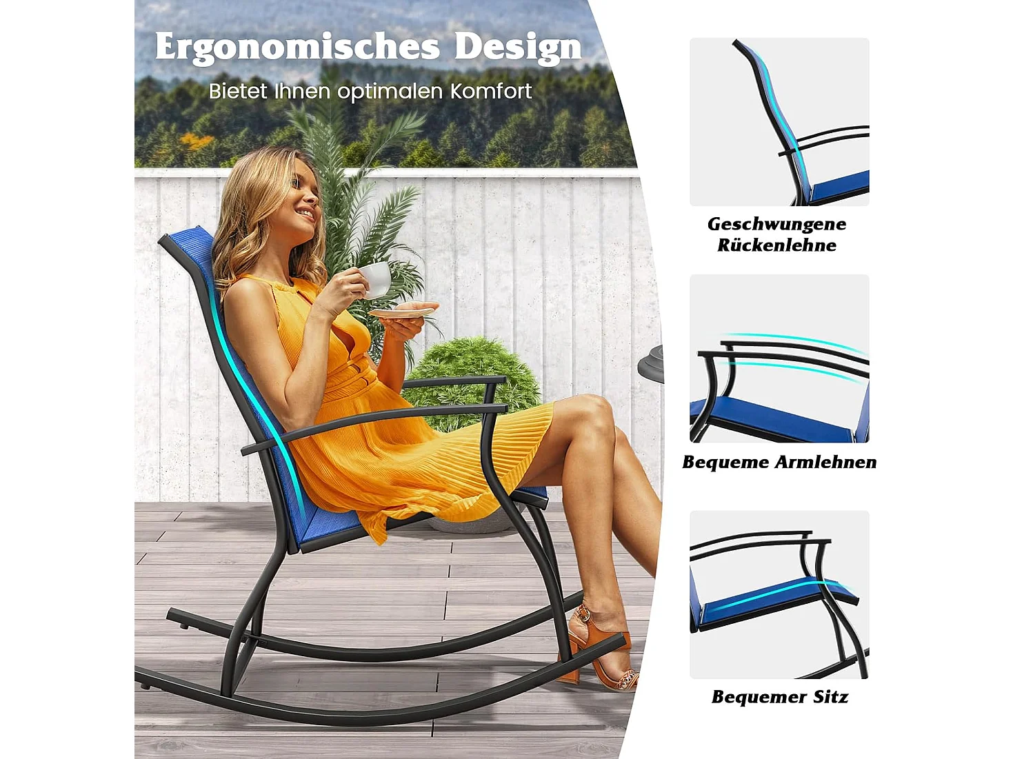 Set van 2 schommelstoelen, schommelstoelen met hoge rugleuning en ademende zitstof, tuinstoelen voor tuin, veranda, zwembad, blauw ZB33510