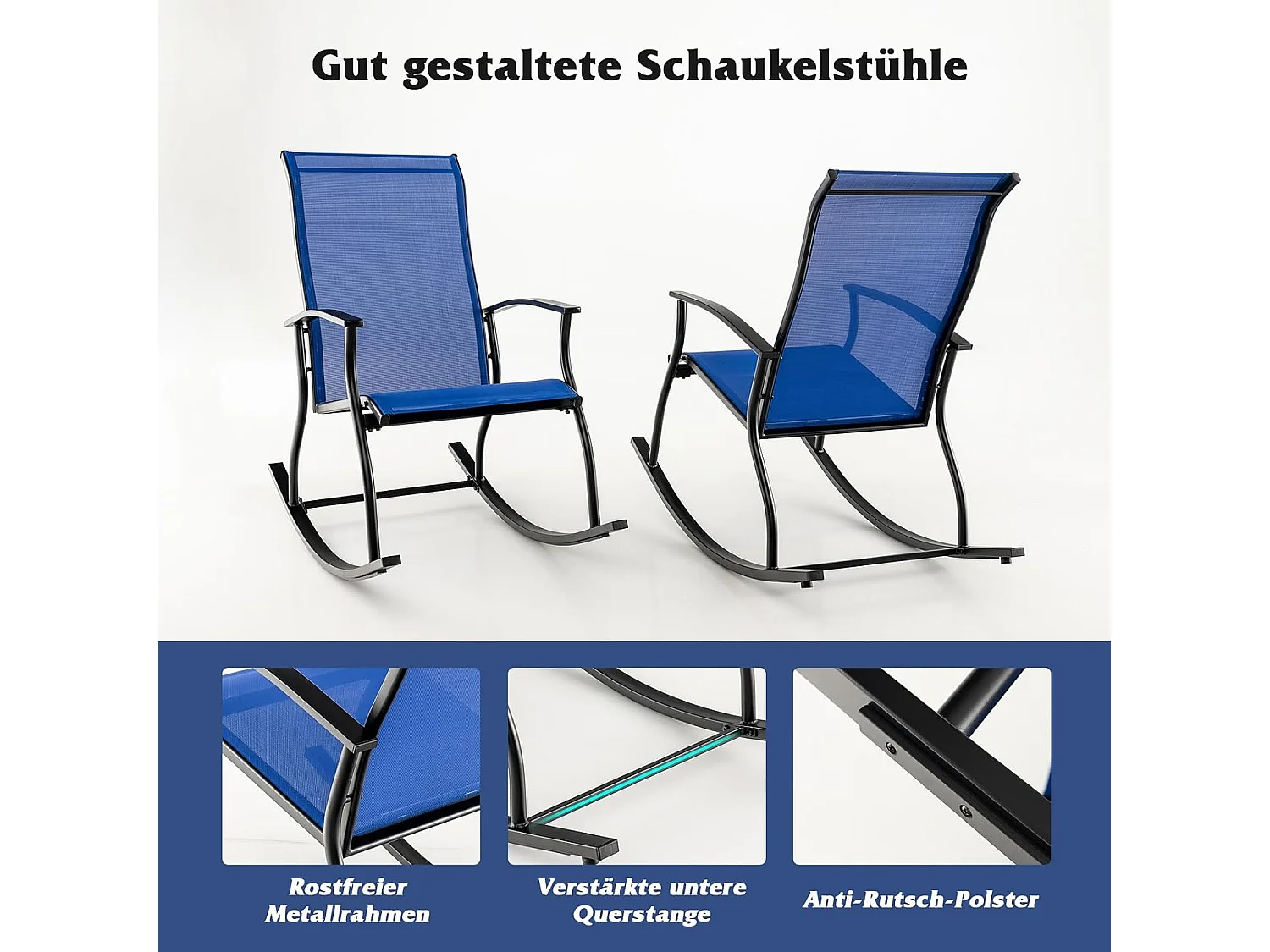 Set van 2 schommelstoelen, schommelstoelen met hoge rugleuning en ademende zitstof, tuinstoelen voor tuin, veranda, zwembad, blauw ZB33510