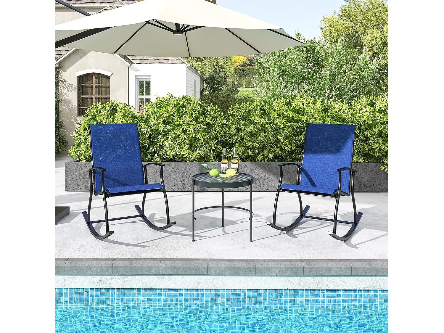 Set van 2 schommelstoelen, schommelstoelen met hoge rugleuning en ademende zitstof, tuinstoelen voor tuin, veranda, zwembad, blauw ZB33510