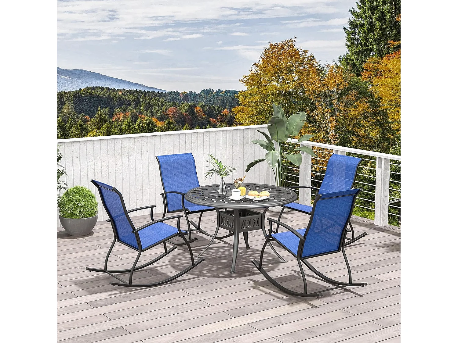 Set van 2 schommelstoelen, schommelstoelen met hoge rugleuning en ademende zitstof, tuinstoelen voor tuin, veranda, zwembad, blauw ZB33510