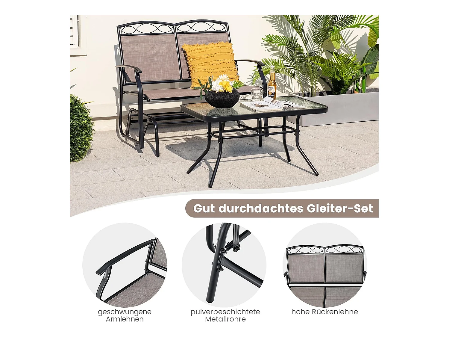 2-zits schommelbank met salontafel, tuinbank van textiel, zitbank, balkonmeubelset, tuinmeubelset, balkonset, zitgroep voor tuin, balkon, erf ZB32174