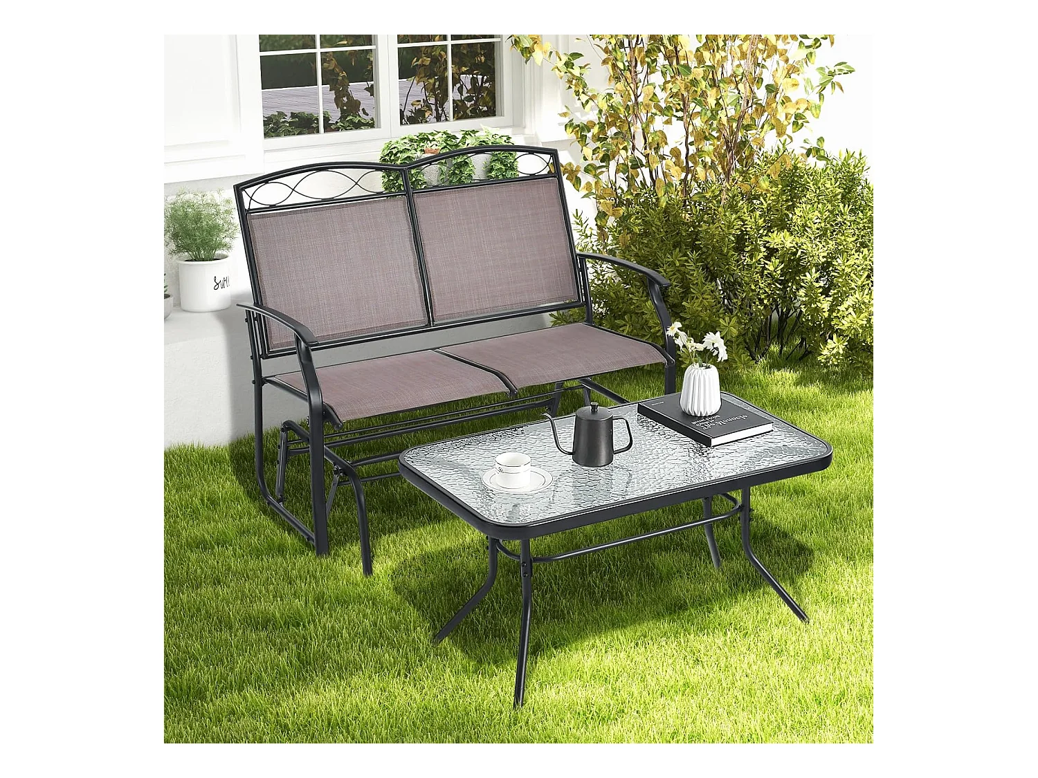 2-zits schommelbank met salontafel, tuinbank van textiel, zitbank, balkonmeubelset, tuinmeubelset, balkonset, zitgroep voor tuin, balkon, erf ZB32174