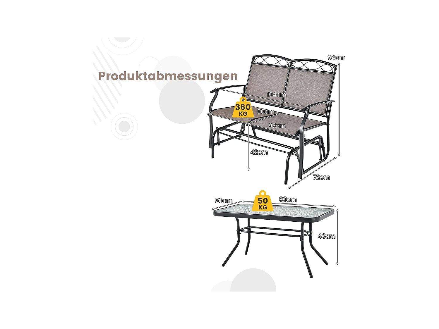 2-zits schommelbank met salontafel, tuinbank van textiel, zitbank, balkonmeubelset, tuinmeubelset, balkonset, zitgroep voor tuin, balkon, erf ZB32174