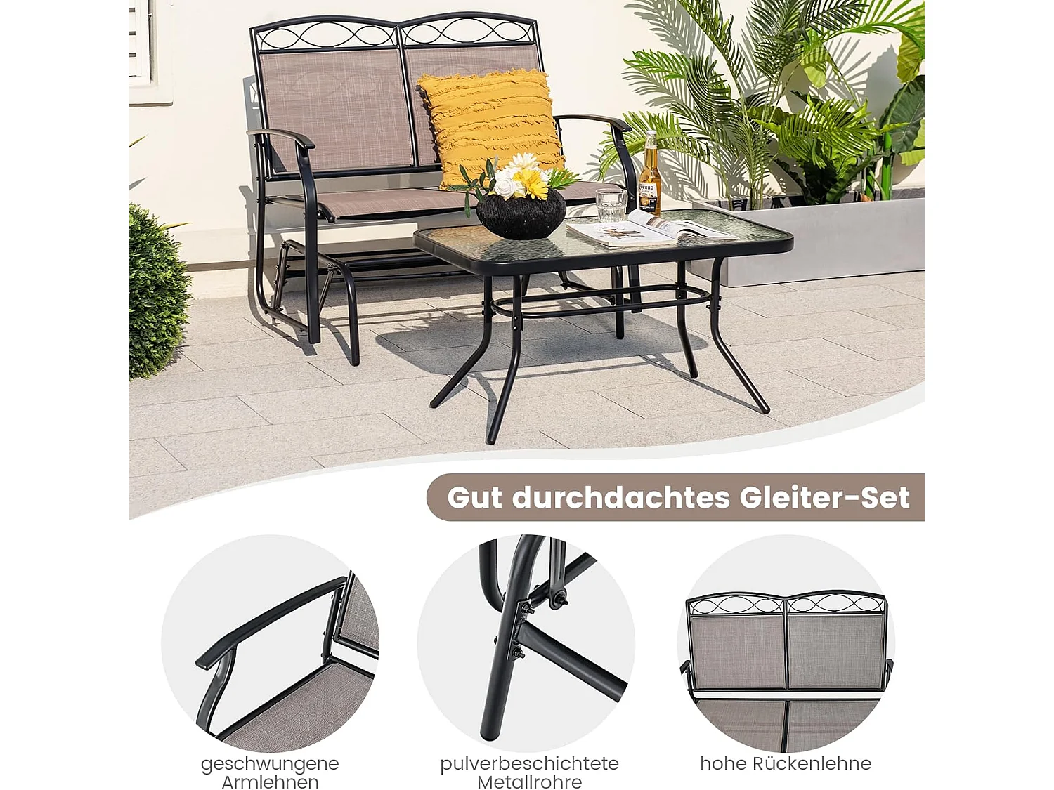 2-zits schommelbank met salontafel, tuinbank van textiel, zitbank, balkonmeubelset, tuinmeubelset, balkonset, zitgroep voor tuin, balkon, erf ZB32174