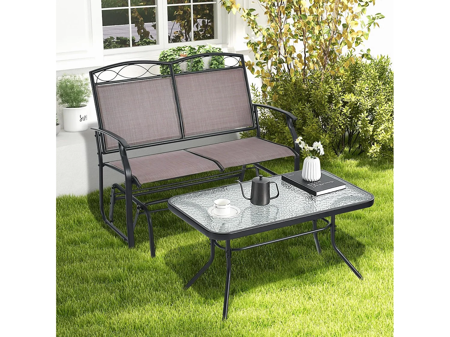 2-zits schommelbank met salontafel, tuinbank van textiel, zitbank, balkonmeubelset, tuinmeubelset, balkonset, zitgroep voor tuin, balkon, erf ZB32174