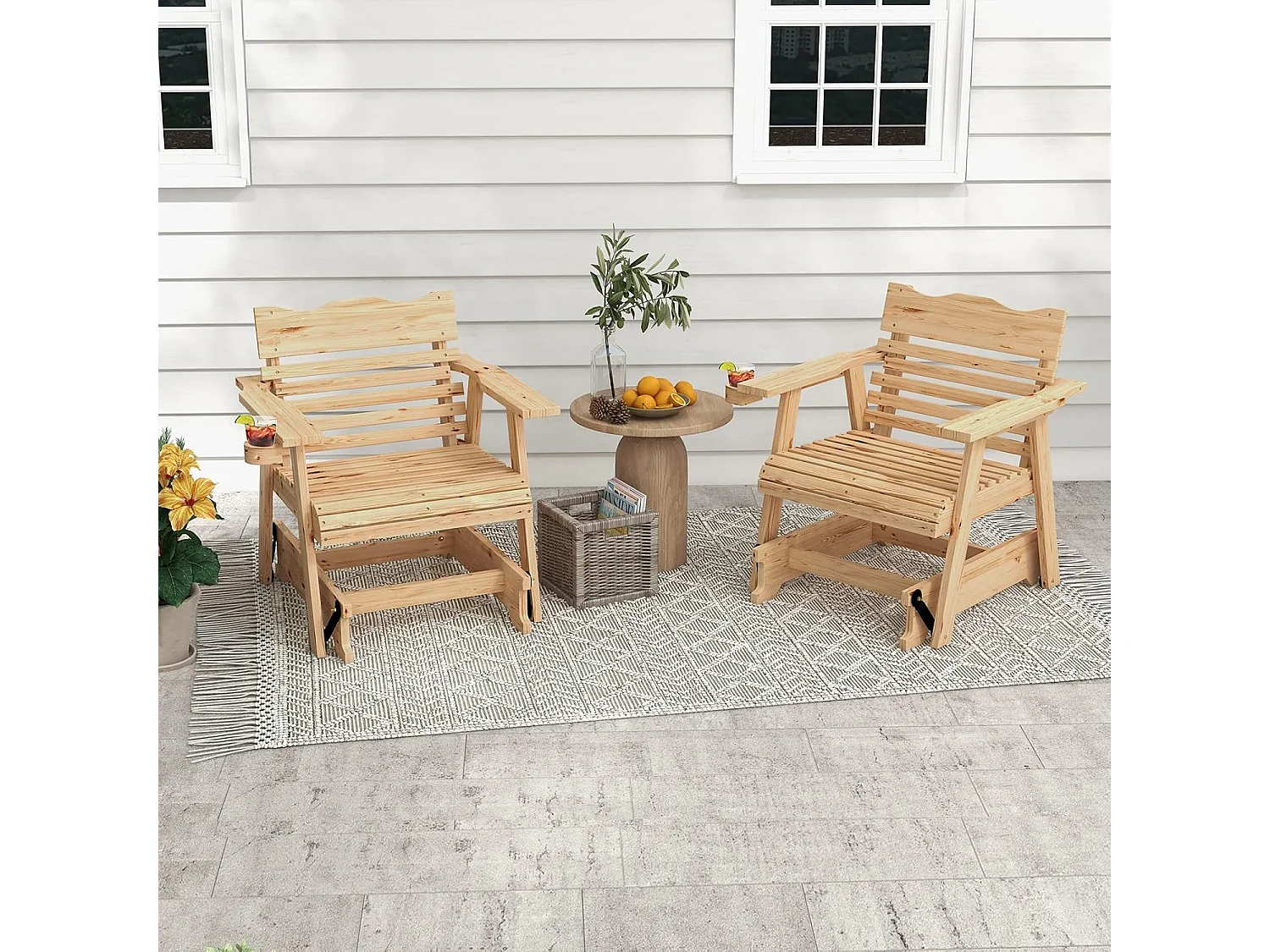 Schommelstoel van hout, tuinstoel met bekerhouder, 150 kg draagvermogen, relaxstoel voor tuin, balkon, terras ZB32942