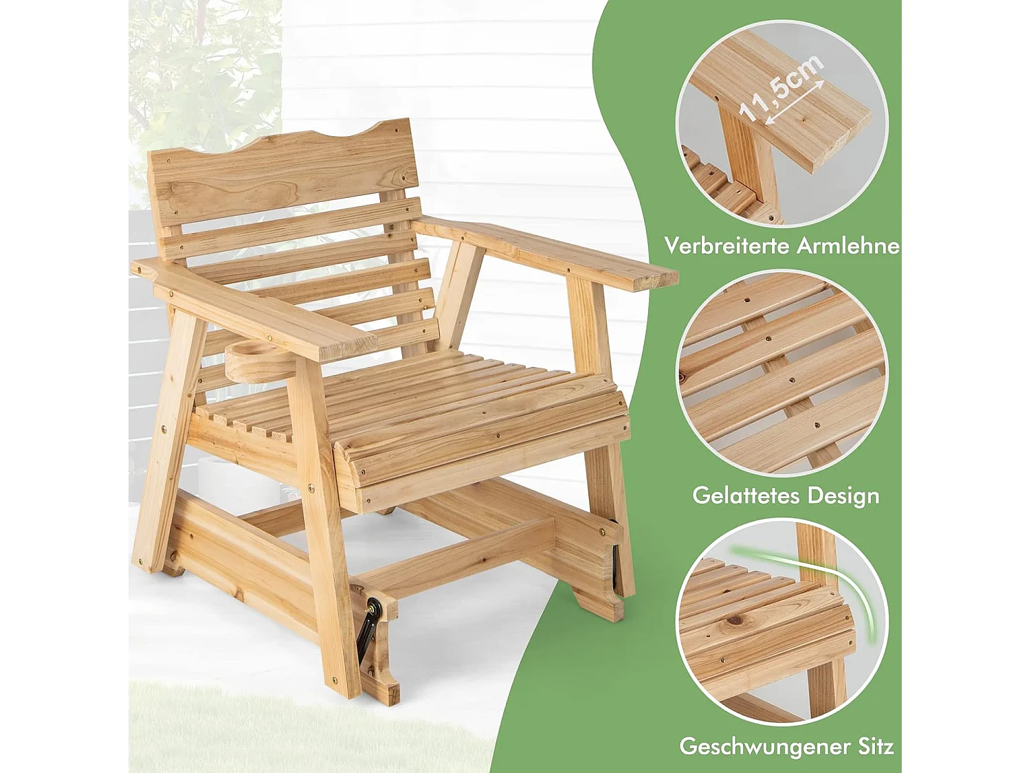 Schommelstoel van hout, tuinstoel met bekerhouder, 150 kg draagvermogen, relaxstoel voor tuin, balkon, terras ZB32942