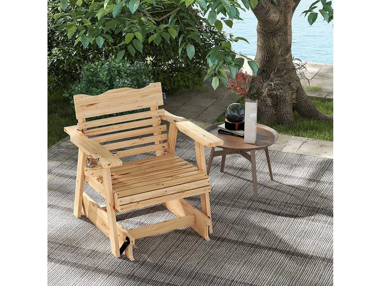 Schommelstoel van hout, tuinstoel met bekerhouder, 150 kg draagvermogen, relaxstoel voor tuin, balkon, terras ZB32942