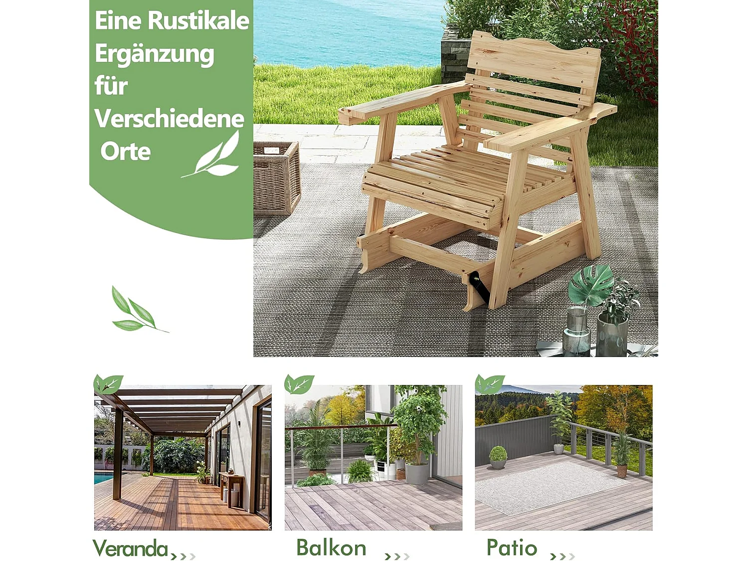 Schommelstoel van hout, tuinstoel met bekerhouder, 150 kg draagvermogen, relaxstoel voor tuin, balkon, terras ZB32942