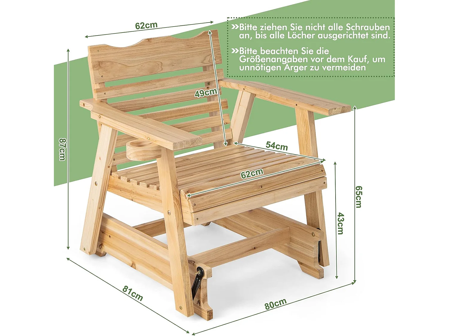 Schommelstoel van hout, tuinstoel met bekerhouder, 150 kg draagvermogen, relaxstoel voor tuin, balkon, terras ZB32942
