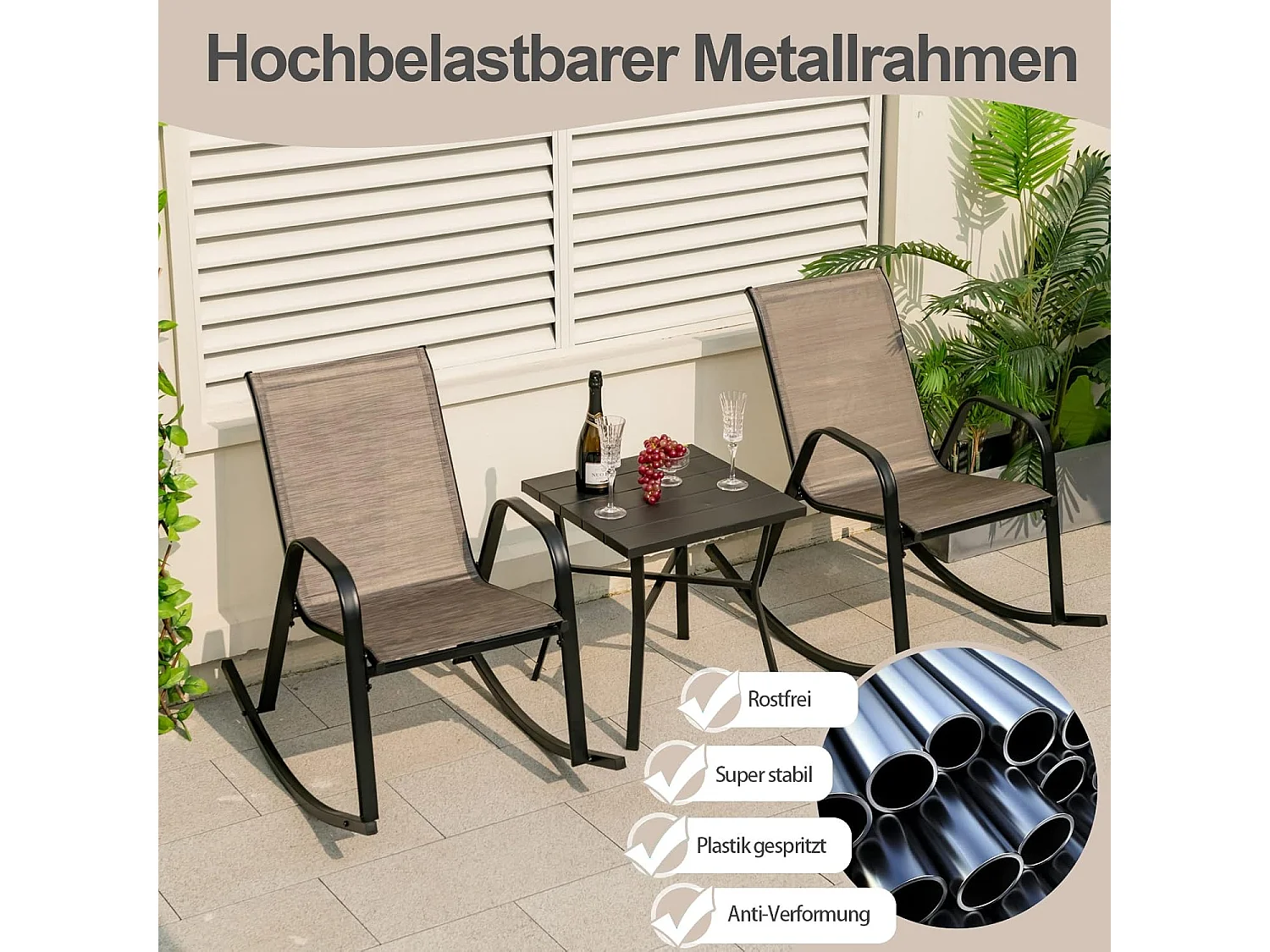 Set van 2 schommelstoelen met ademende stoffen zitting, tuinstoelen, schommelstoel voor tuin, balkon ZB33202