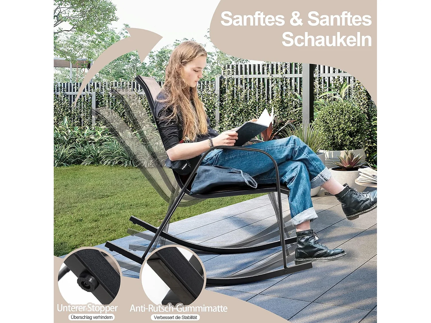 Set van 2 schommelstoelen met ademende stoffen zitting, tuinstoelen, schommelstoel voor tuin, balkon ZB33202