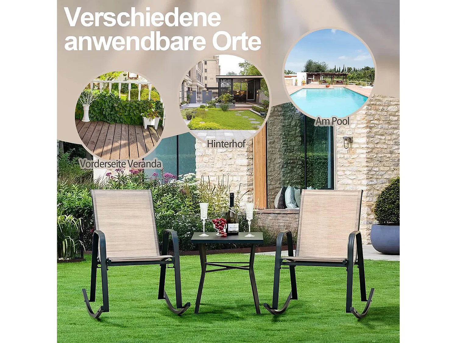 Set van 2 schommelstoelen met ademende stoffen zitting, tuinstoelen, schommelstoel voor tuin, balkon ZB33202