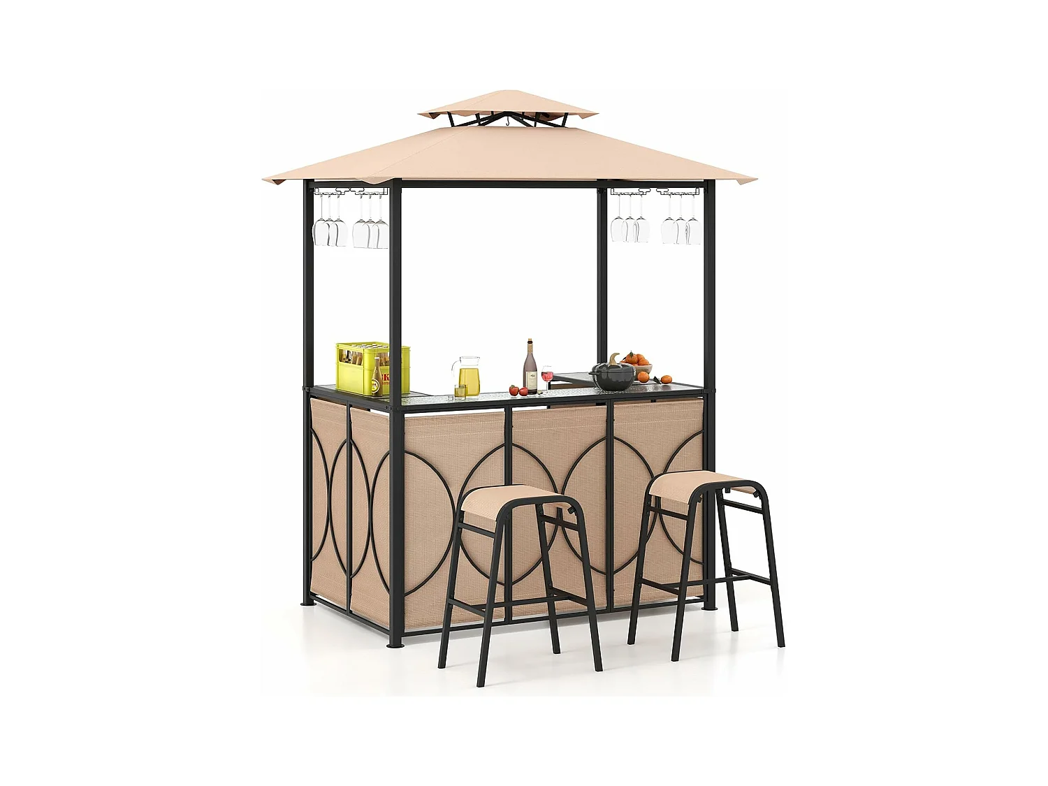 Tuinbarset, bartafel met 2 barkrukken, metalen planken en glashouders, grillpaviljoen met dubbel dak, statafel van gehard glas, voor terras en tuin (bruin) ZB33086