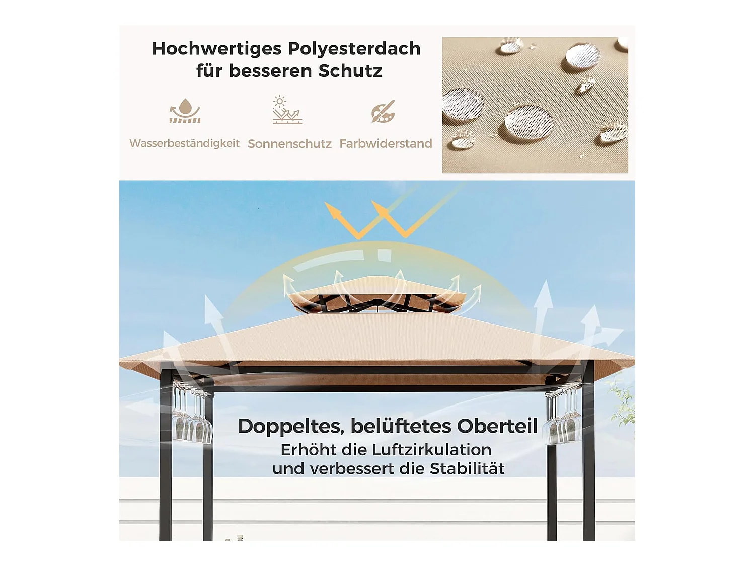 Tuinbarset, bartafel met 2 barkrukken, metalen planken en glashouders, grillpaviljoen met dubbel dak, statafel van gehard glas, voor terras en tuin (bruin) ZB33086