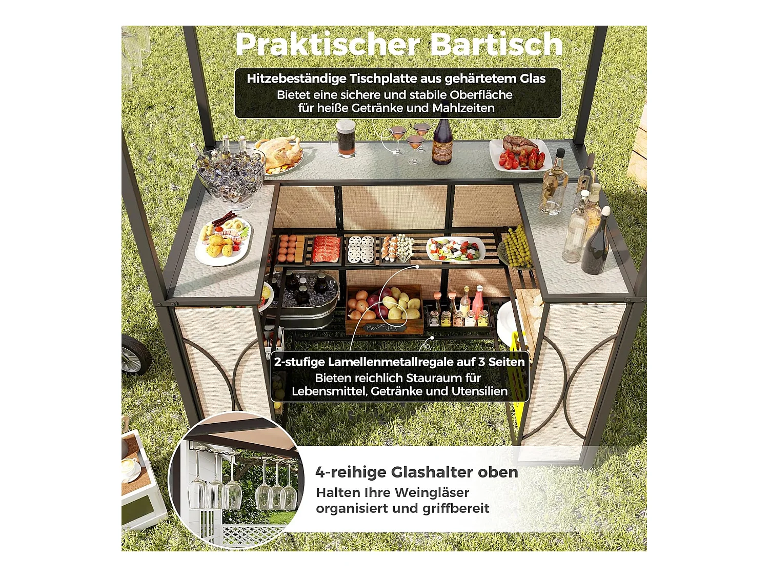 Tuinbarset, bartafel met 2 barkrukken, metalen planken en glashouders, grillpaviljoen met dubbel dak, statafel van gehard glas, voor terras en tuin (bruin) ZB33086