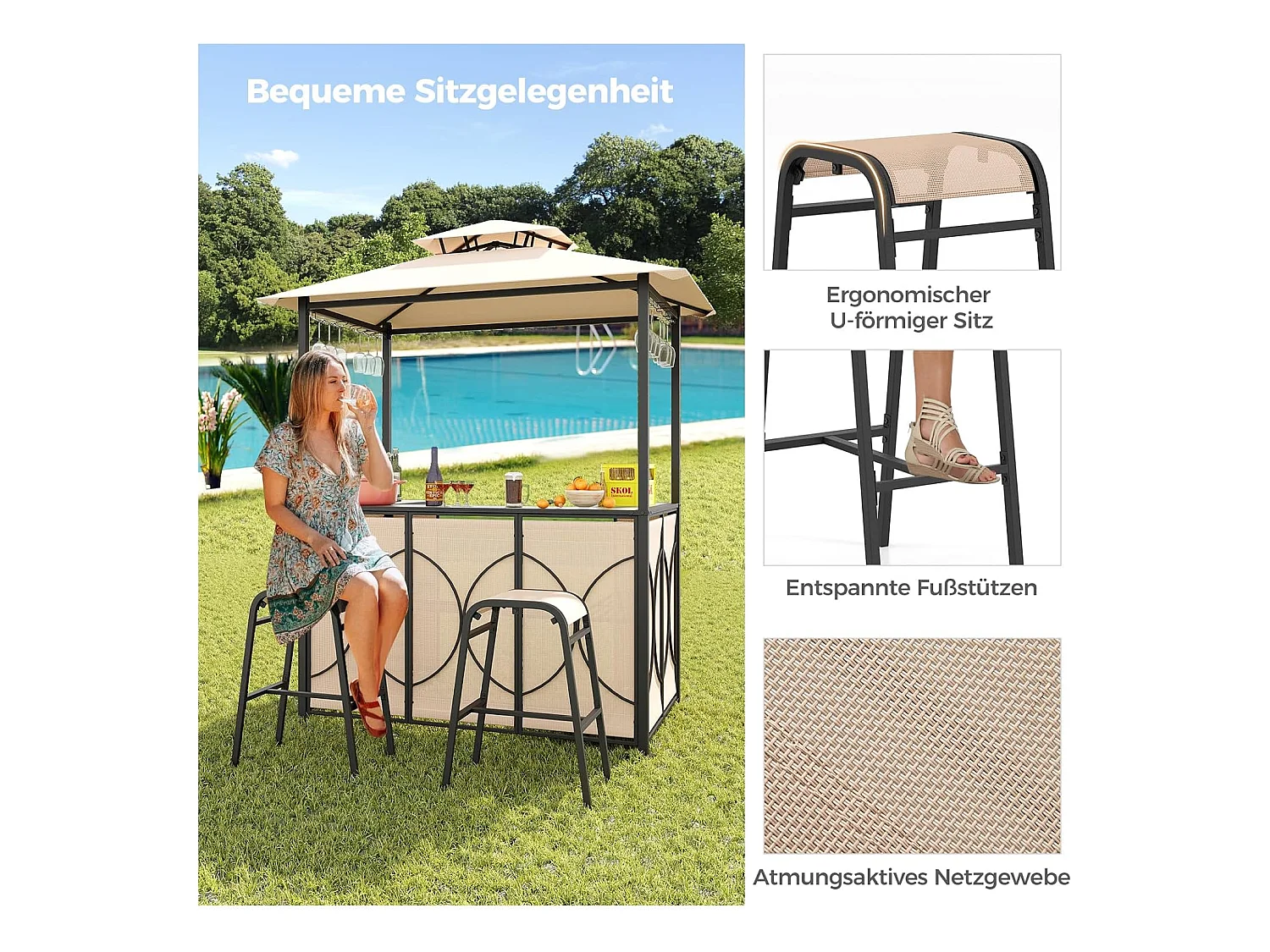 Tuinbarset, bartafel met 2 barkrukken, metalen planken en glashouders, grillpaviljoen met dubbel dak, statafel van gehard glas, voor terras en tuin (bruin) ZB33086