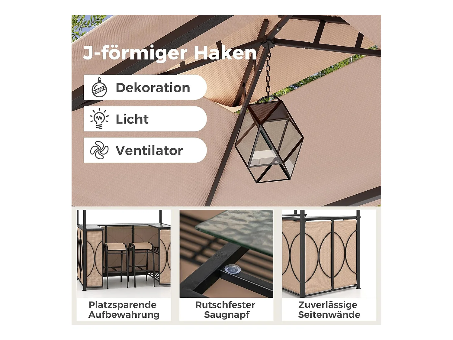 Tuinbarset, bartafel met 2 barkrukken, metalen planken en glashouders, grillpaviljoen met dubbel dak, statafel van gehard glas, voor terras en tuin (bruin) ZB33086