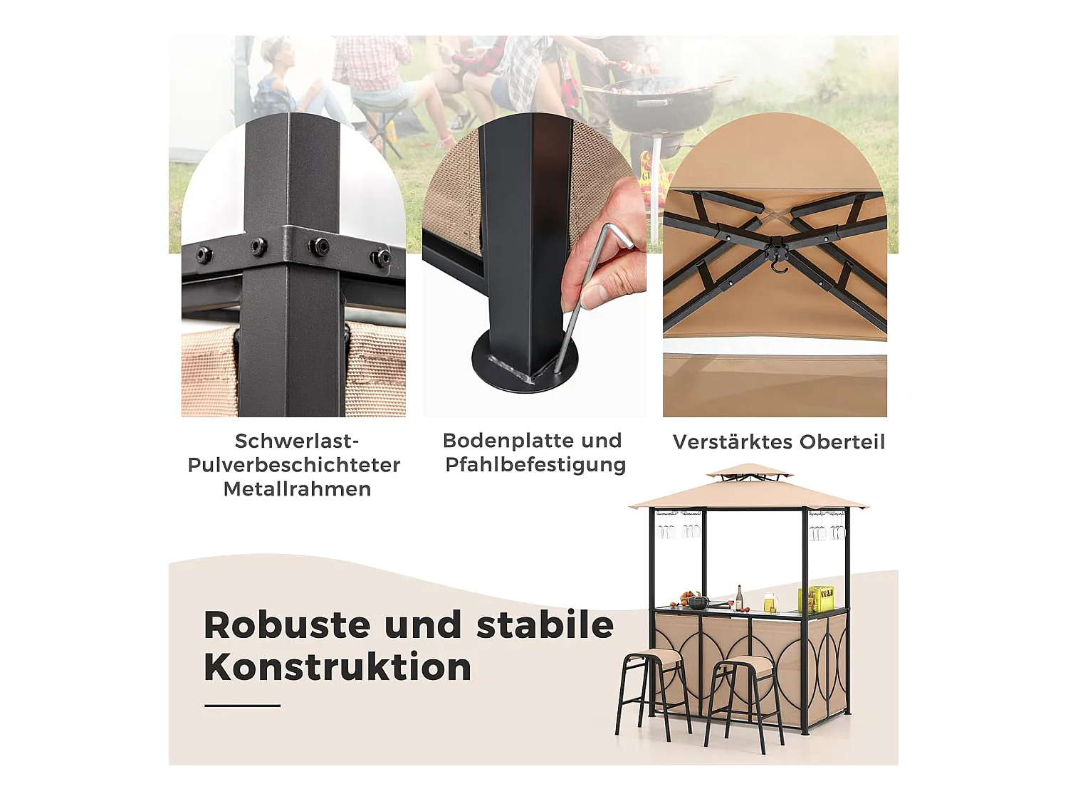 Tuinbarset, bartafel met 2 barkrukken, metalen planken en glashouders, grillpaviljoen met dubbel dak, statafel van gehard glas, voor terras en tuin (bruin) ZB33086