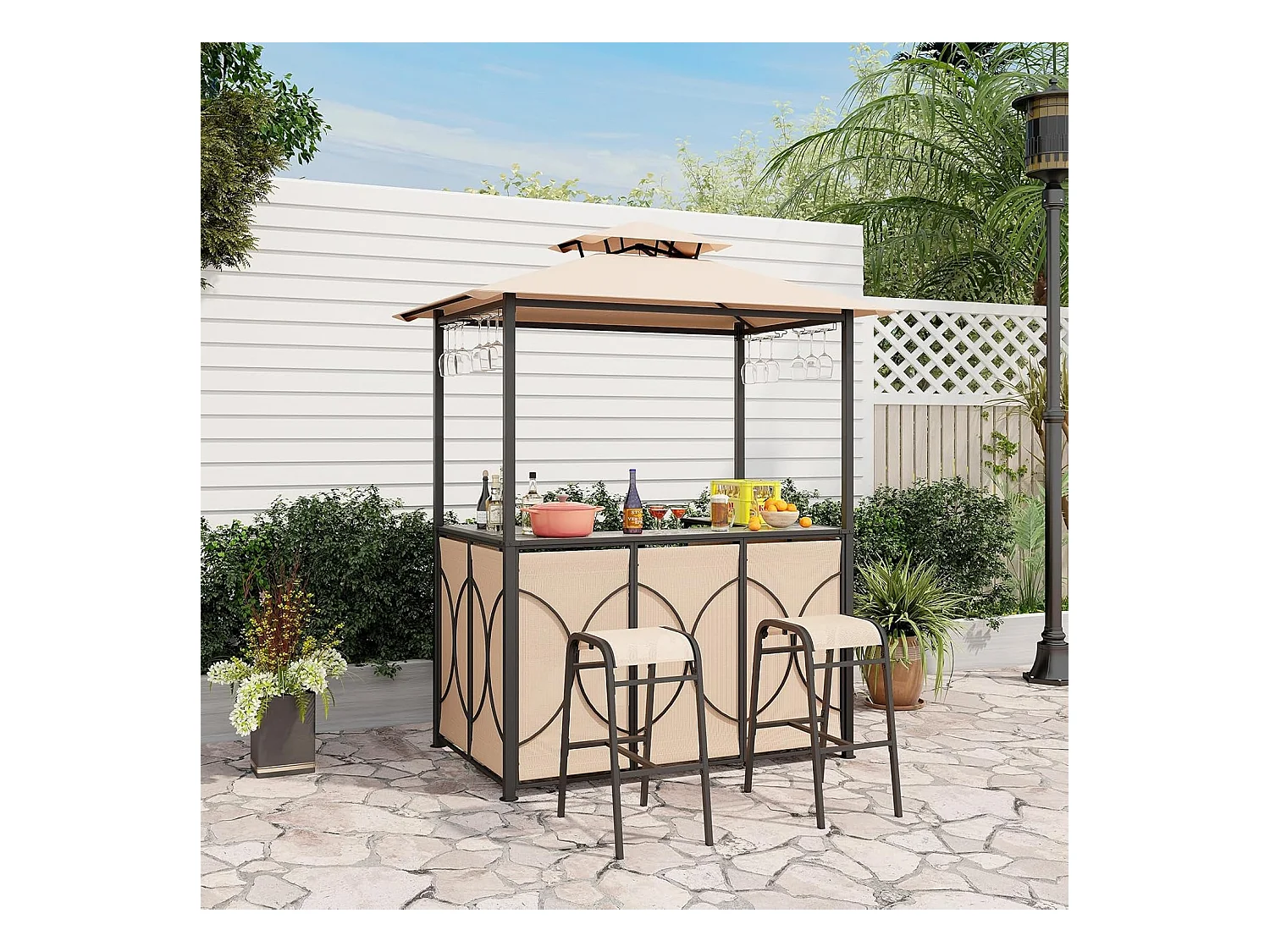 Tuinbarset, bartafel met 2 barkrukken, metalen planken en glashouders, grillpaviljoen met dubbel dak, statafel van gehard glas, voor terras en tuin (bruin) ZB33086