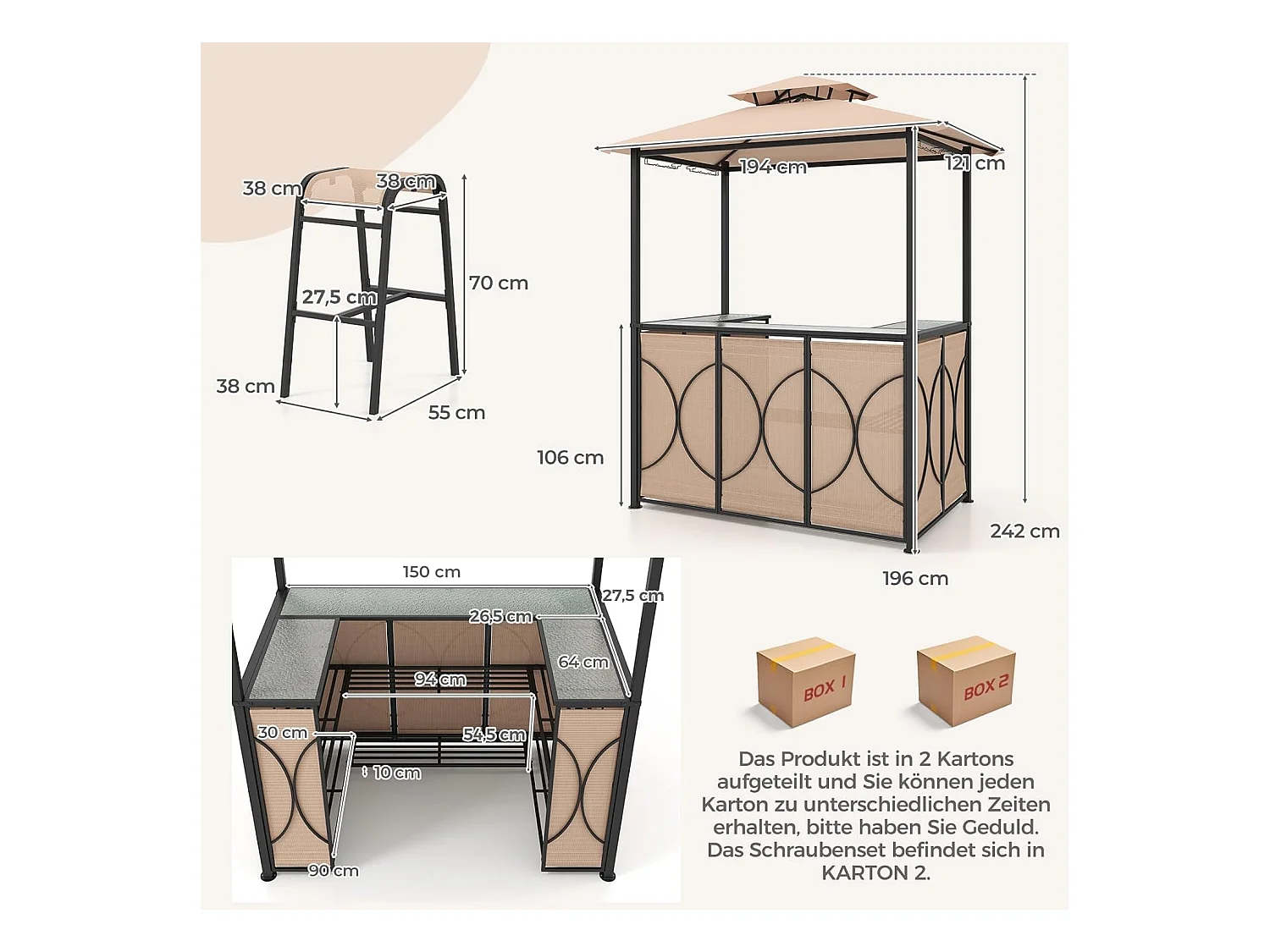 Tuinbarset, bartafel met 2 barkrukken, metalen planken en glashouders, grillpaviljoen met dubbel dak, statafel van gehard glas, voor terras en tuin (bruin) ZB33086