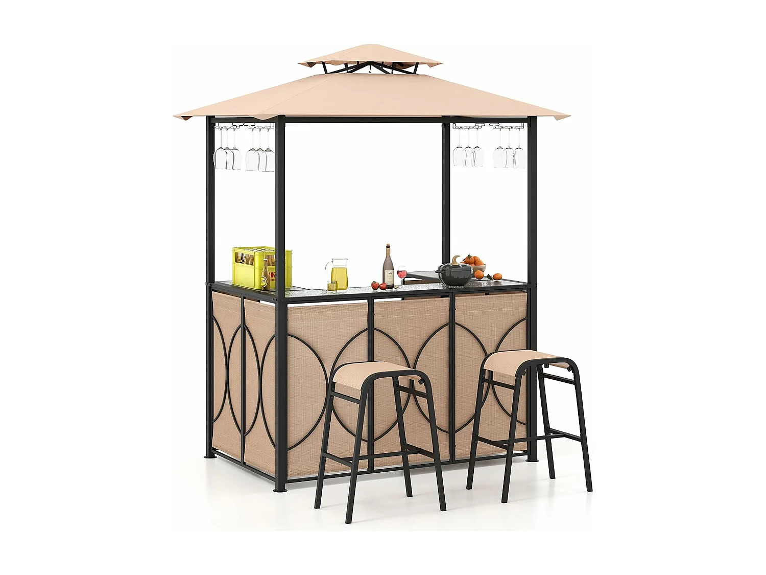 Tuinbarset, bartafel met 2 barkrukken, metalen planken en glashouders, grillpaviljoen met dubbel dak, statafel van gehard glas, voor terras en tuin (bruin) ZB33086