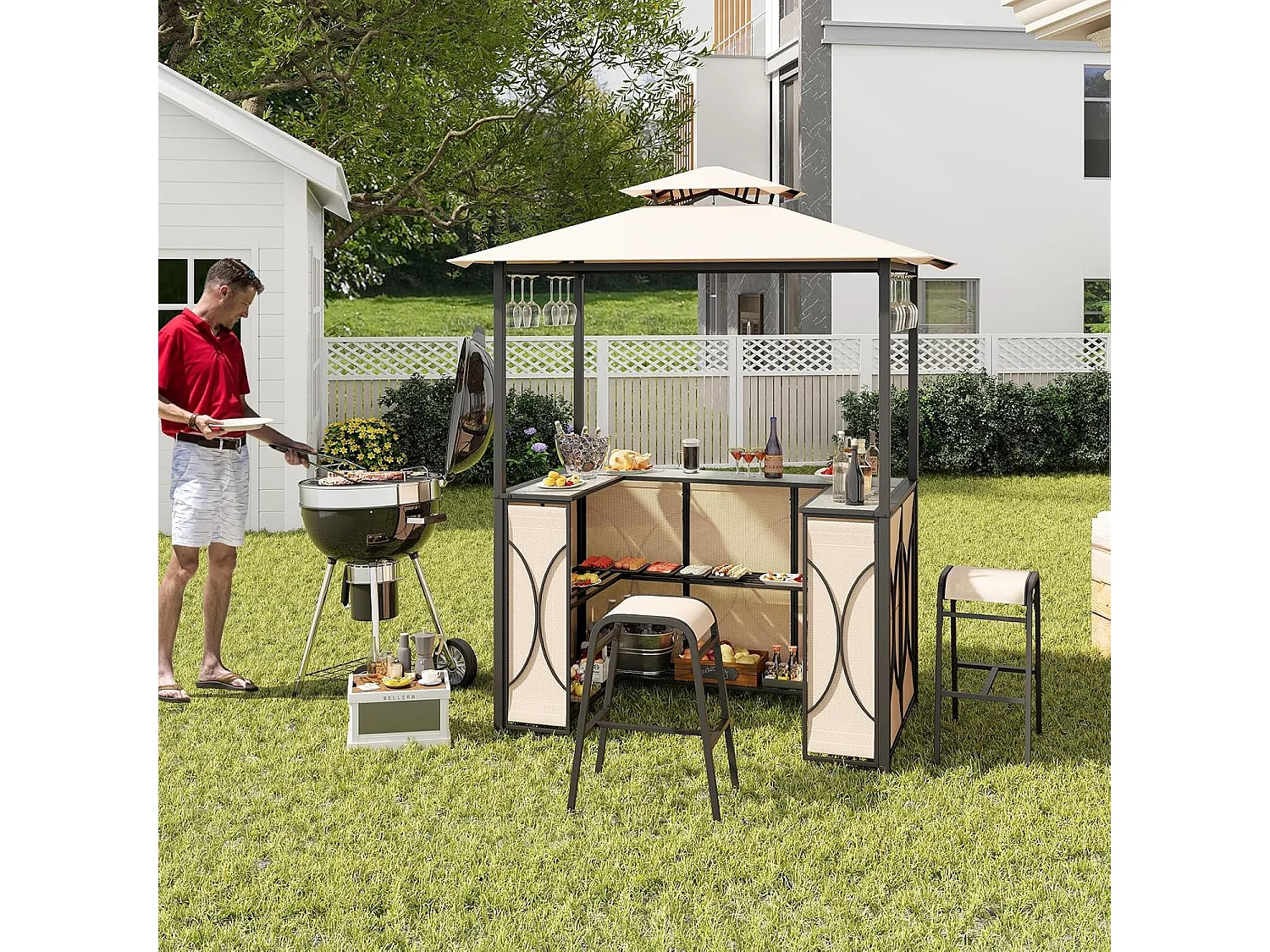 Tuinbarset, bartafel met 2 barkrukken, metalen planken en glashouders, grillpaviljoen met dubbel dak, statafel van gehard glas, voor terras en tuin (bruin) ZB33086