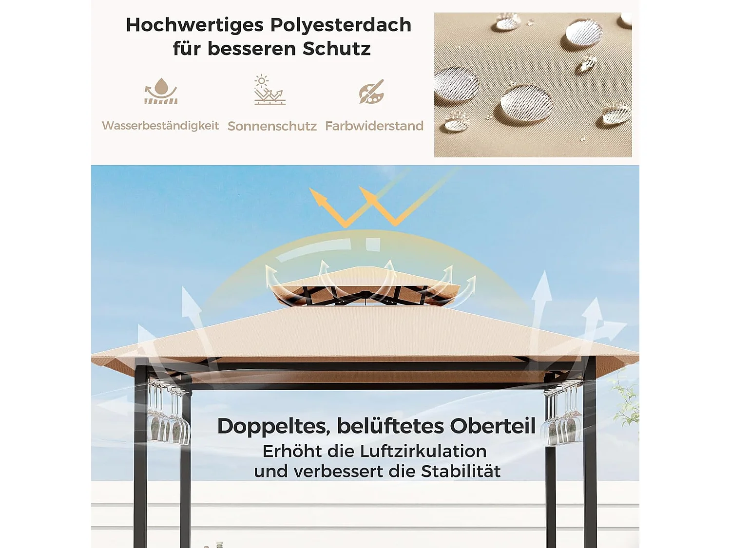 Tuinbarset, bartafel met 2 barkrukken, metalen planken en glashouders, grillpaviljoen met dubbel dak, statafel van gehard glas, voor terras en tuin (bruin) ZB33086