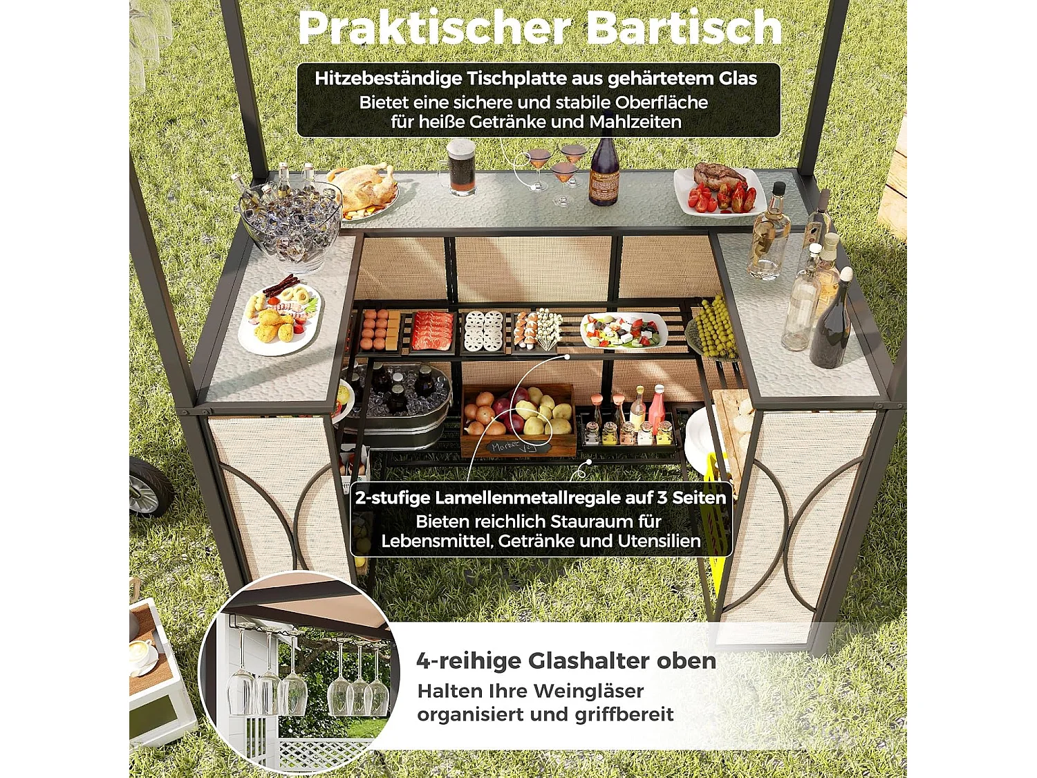 Tuinbarset, bartafel met 2 barkrukken, metalen planken en glashouders, grillpaviljoen met dubbel dak, statafel van gehard glas, voor terras en tuin (bruin) ZB33086