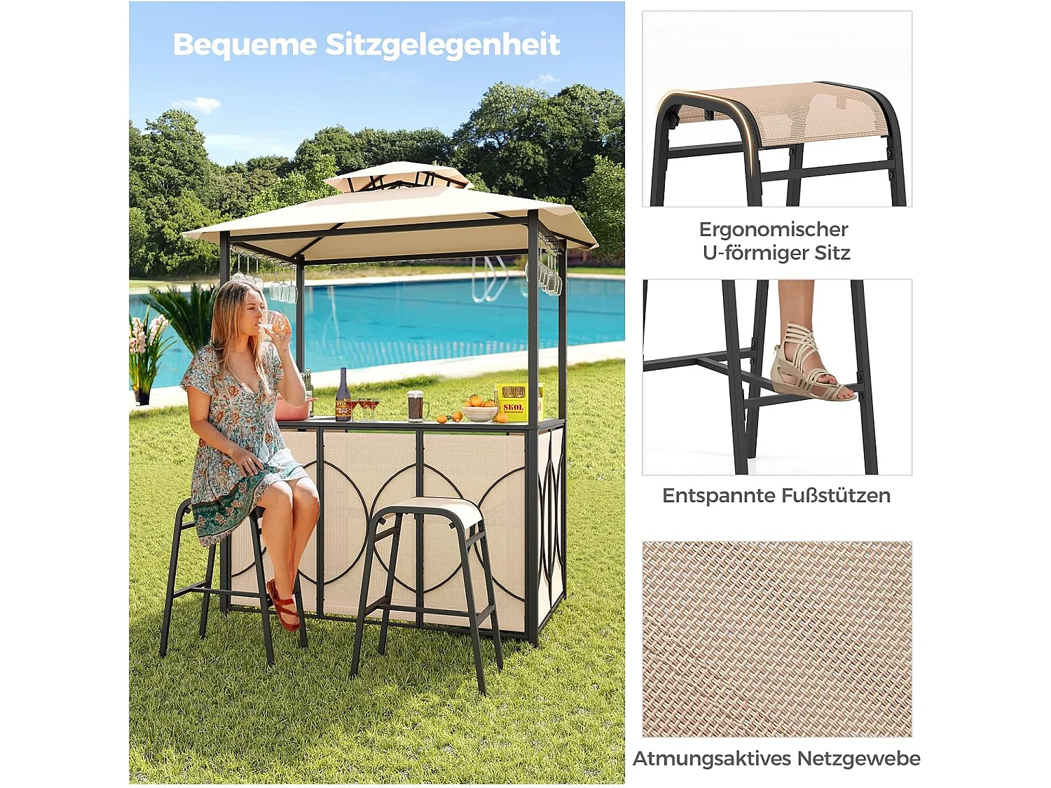 Tuinbarset, bartafel met 2 barkrukken, metalen planken en glashouders, grillpaviljoen met dubbel dak, statafel van gehard glas, voor terras en tuin (bruin) ZB33086