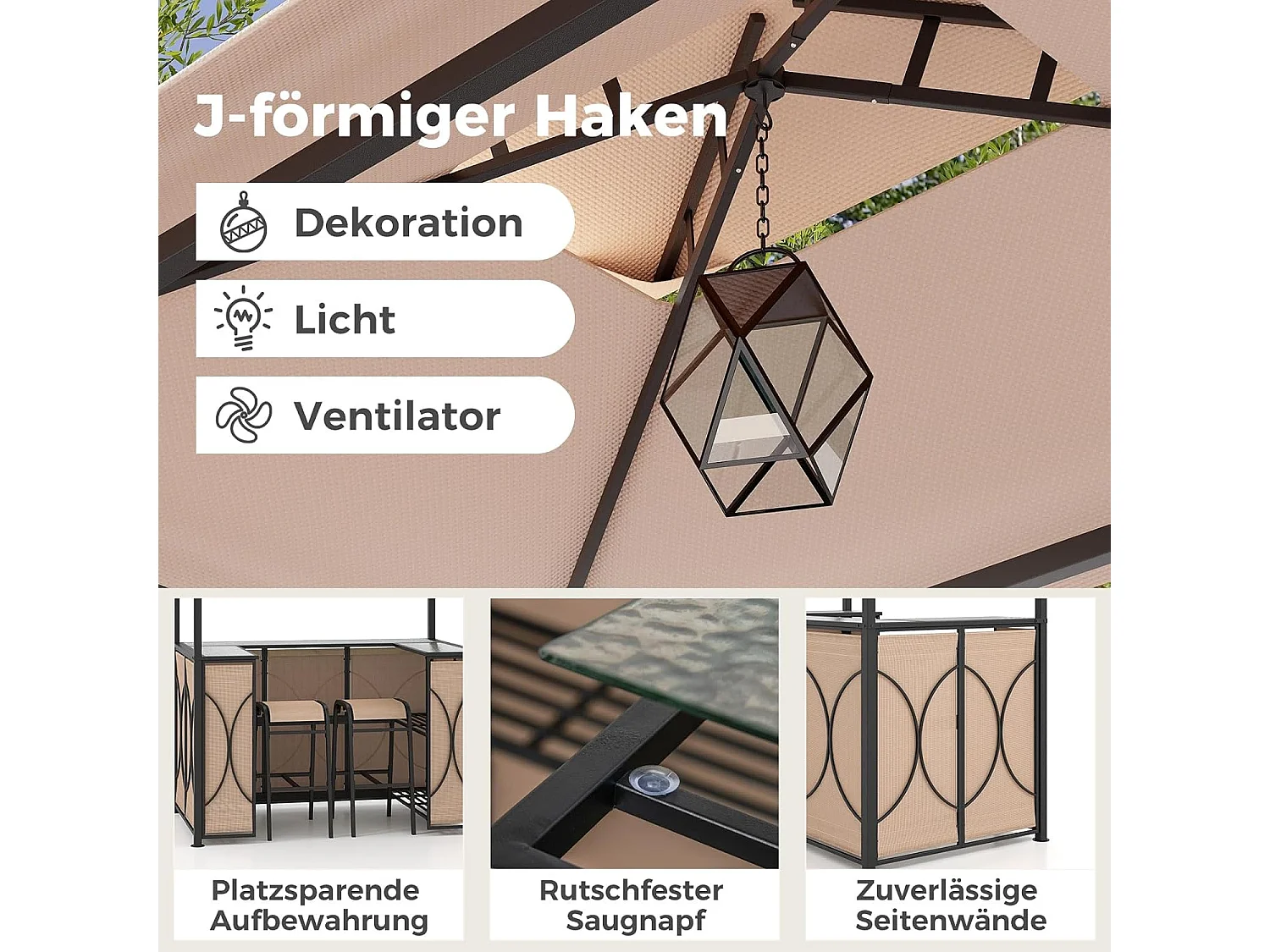 Tuinbarset, bartafel met 2 barkrukken, metalen planken en glashouders, grillpaviljoen met dubbel dak, statafel van gehard glas, voor terras en tuin (bruin) ZB33086