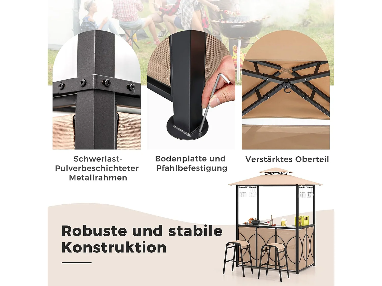 Tuinbarset, bartafel met 2 barkrukken, metalen planken en glashouders, grillpaviljoen met dubbel dak, statafel van gehard glas, voor terras en tuin (bruin) ZB33086