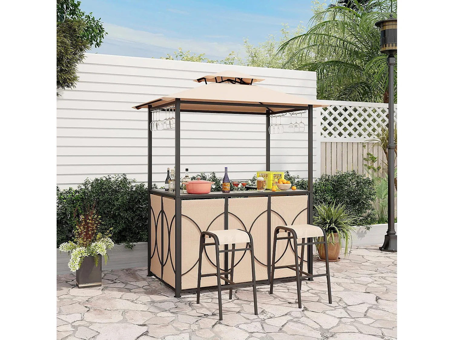 Tuinbarset, bartafel met 2 barkrukken, metalen planken en glashouders, grillpaviljoen met dubbel dak, statafel van gehard glas, voor terras en tuin (bruin) ZB33086