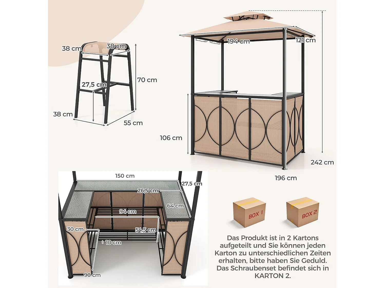 Tuinbarset, bartafel met 2 barkrukken, metalen planken en glashouders, grillpaviljoen met dubbel dak, statafel van gehard glas, voor terras en tuin (bruin) ZB33086