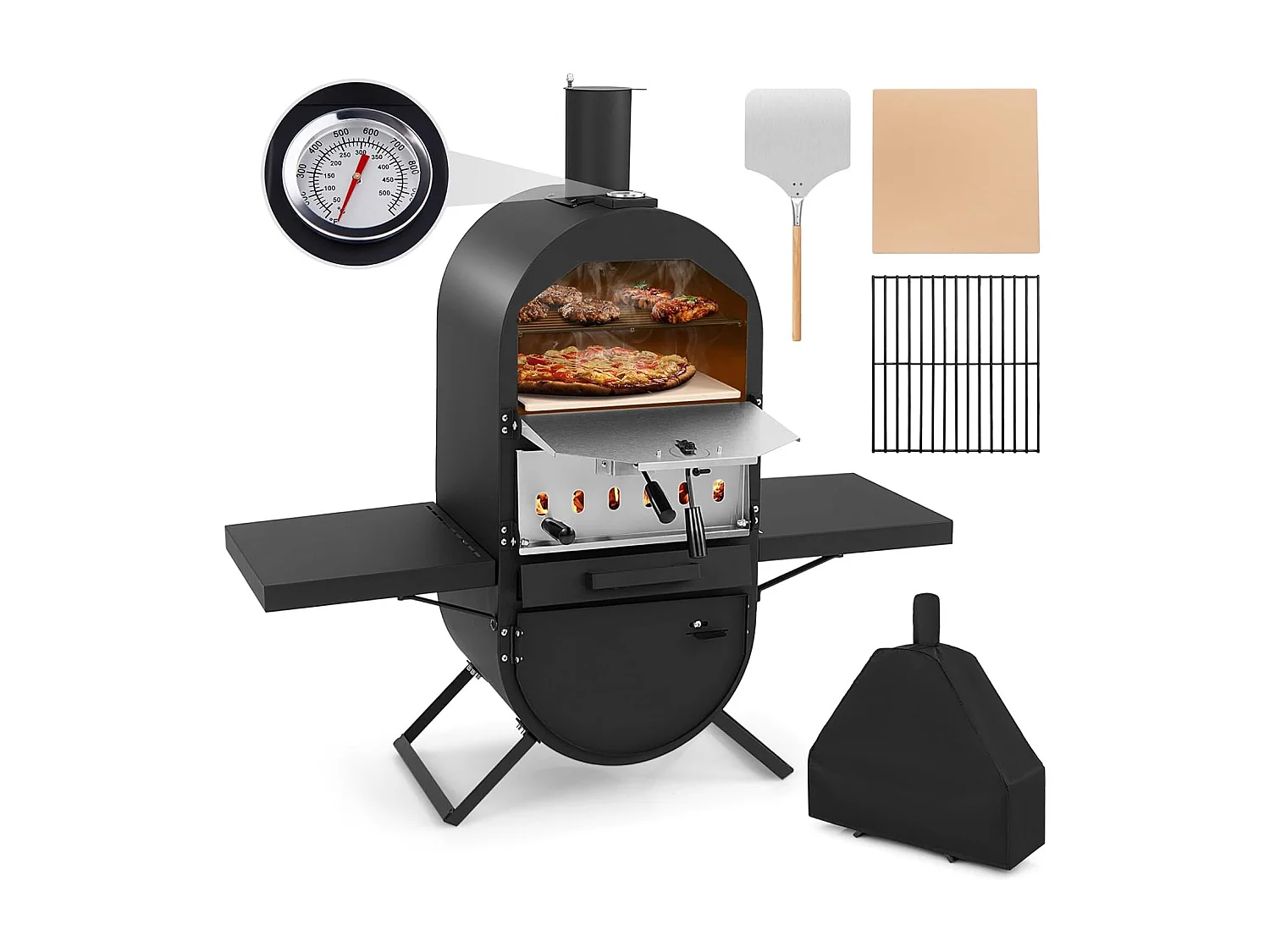 Pizzaoven Outdoor, Pizzaoven met zijplateaus, grillrooster van roestvrij staal, incl. 30,5 cm pizzasteen, waterdichte afdekking, pizzaschep, voor tuin, camping