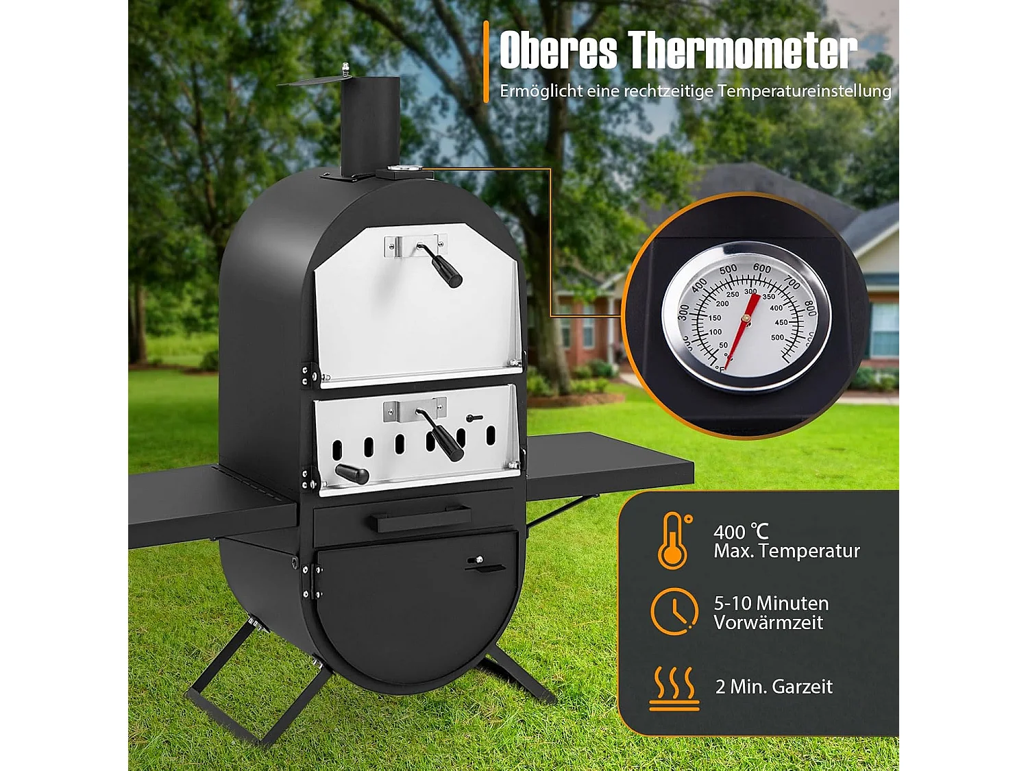 Pizzaoven Outdoor, Pizzaoven met zijplateaus, grillrooster van roestvrij staal, incl. 30,5 cm pizzasteen, waterdichte afdekking, pizzaschep, voor tuin, camping