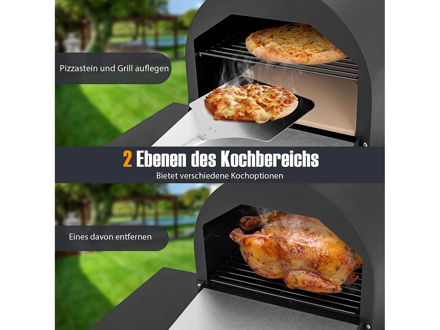 Pizzaoven Outdoor, Pizzaoven met zijplateaus, grillrooster van roestvrij staal, incl. 30,5 cm pizzasteen, waterdichte afdekking, pizzaschep, voor tuin, camping
