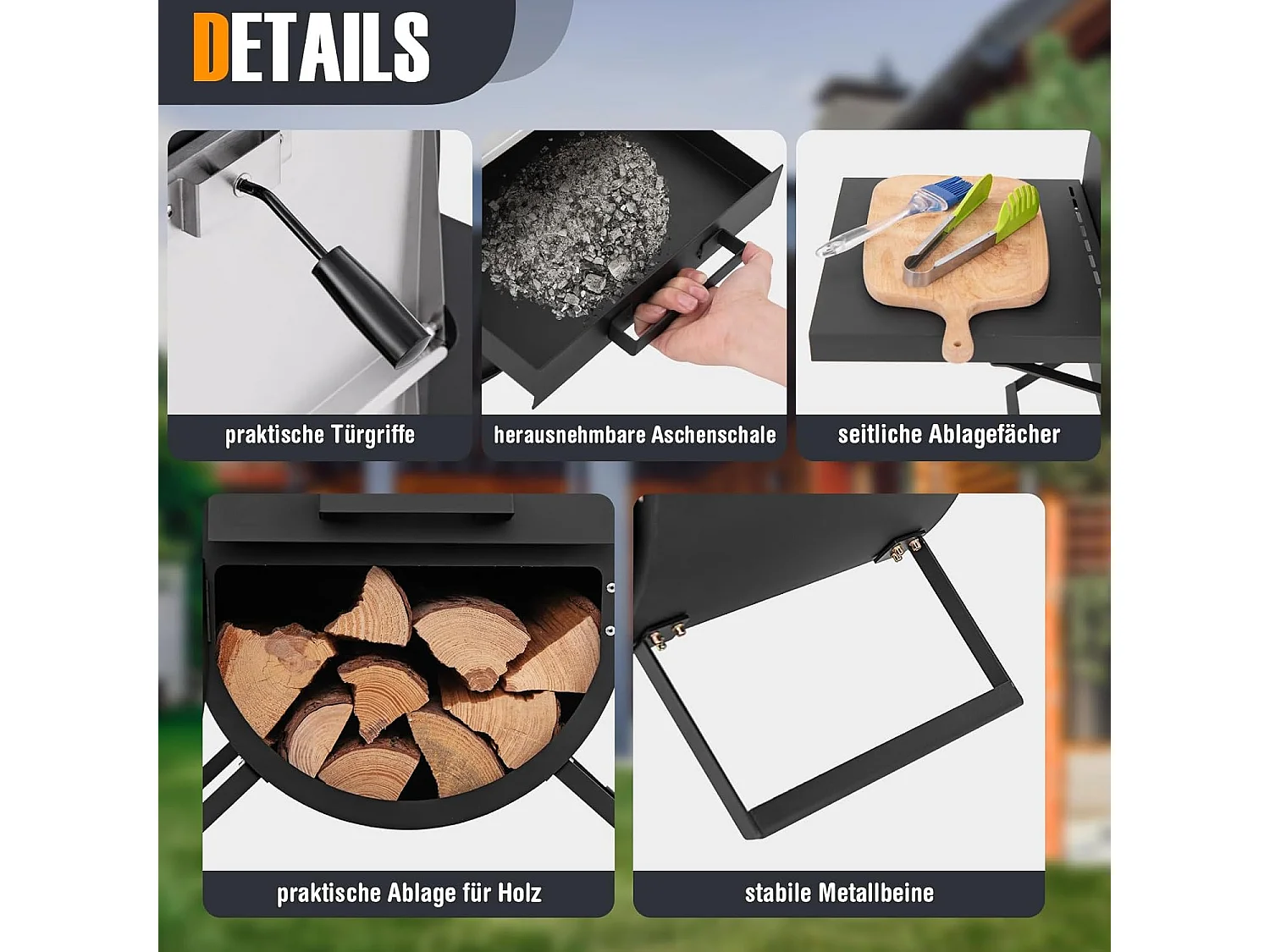 Pizzaoven Outdoor, Pizzaoven met zijplateaus, grillrooster van roestvrij staal, incl. 30,5 cm pizzasteen, waterdichte afdekking, pizzaschep, voor tuin, camping